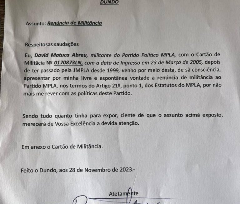 Militante sênior do MPLA renuncia à sua militância e critica partido: David Matuca Abreu alega falta de identificação com as políticas e injustiças sociais do MPLA